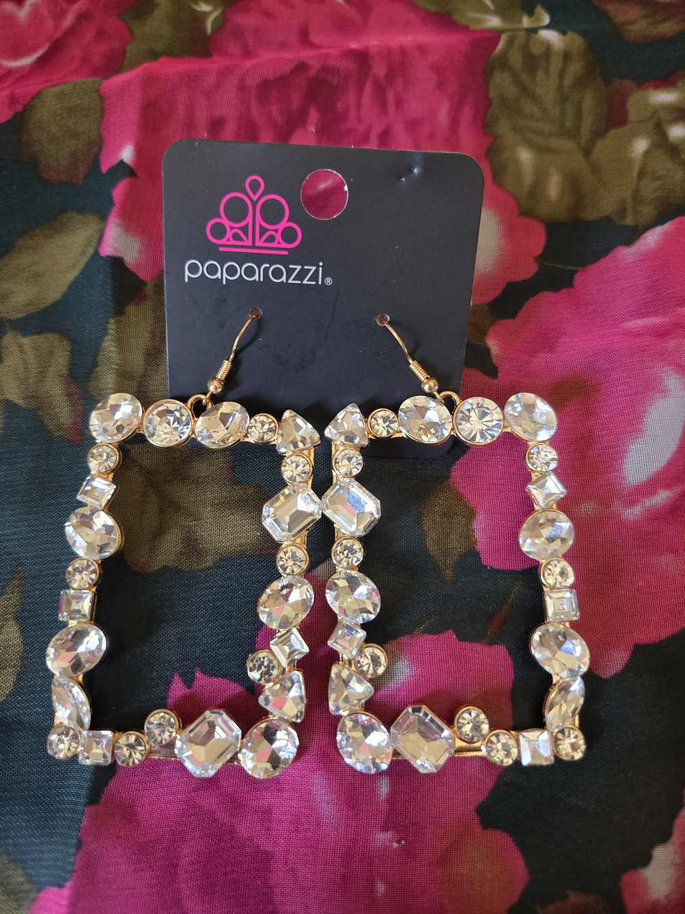 Paparazzi Sparkling Clear Crystal Square Drop Earrings - Gold